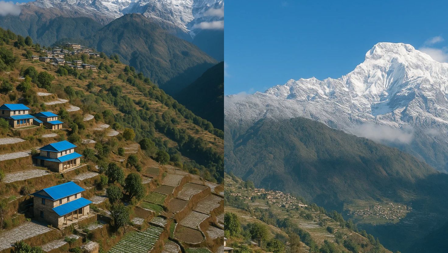 Trail between Ghandruk and Ghorepani with mountain views, showing the trekking distance and natural beauty.
